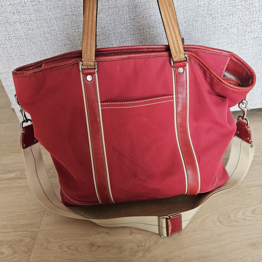 Coach Red Canvas Tote Bag With Leather Straps
